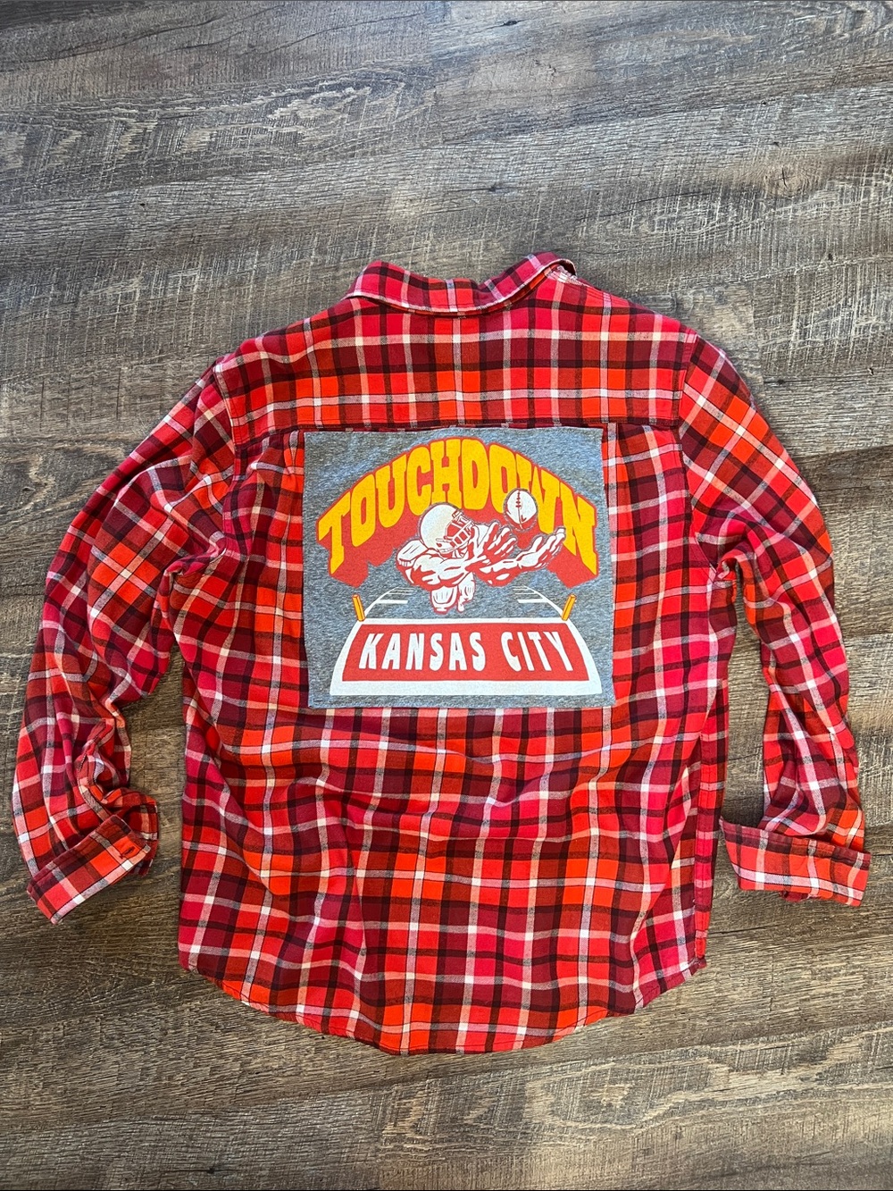 Kansas City Chiefs Football Red Orange Plaid Button-Up Shirt Upcycled
